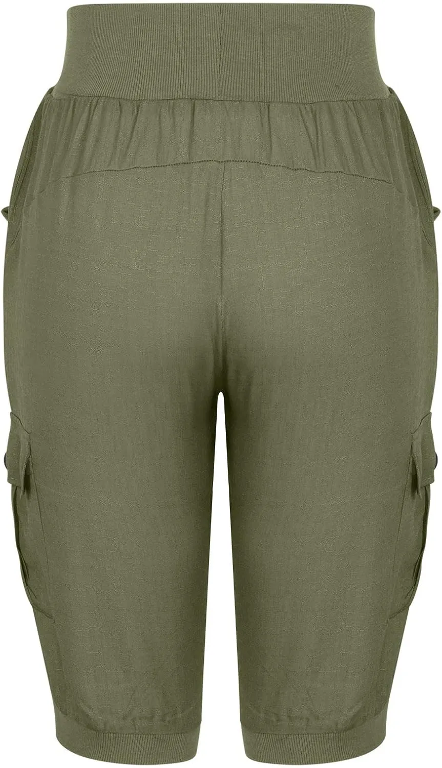 Capri Pants for Women High Waisted Cotton Linen Solid Color Trousers Elastic Sports Loose Flowy Pants with Pockets