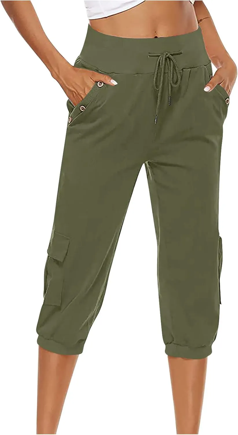 Capri Pants for Women High Waisted Cotton Linen Solid Color Trousers Elastic Sports Loose Flowy Pants with Pockets