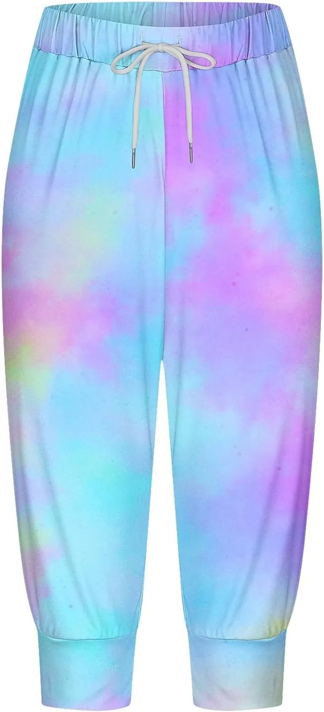 Capri Pants for Women Stretch High Waist Elastic Waist Cropped Trousers Lounge Drawstring Capri Pants with Pockets