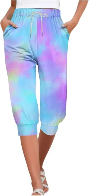 Capri Pants for Women Stretch High Waist Elastic Waist Cropped Trousers Lounge Drawstring Capri Pants with Pockets