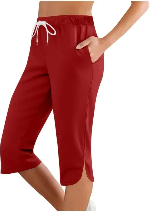 Cargo Capri Pants for Women Wide Leg Linen Pants for Women Loose High Waisted Wide Leg Lounge Drawstring Casual Palazzo