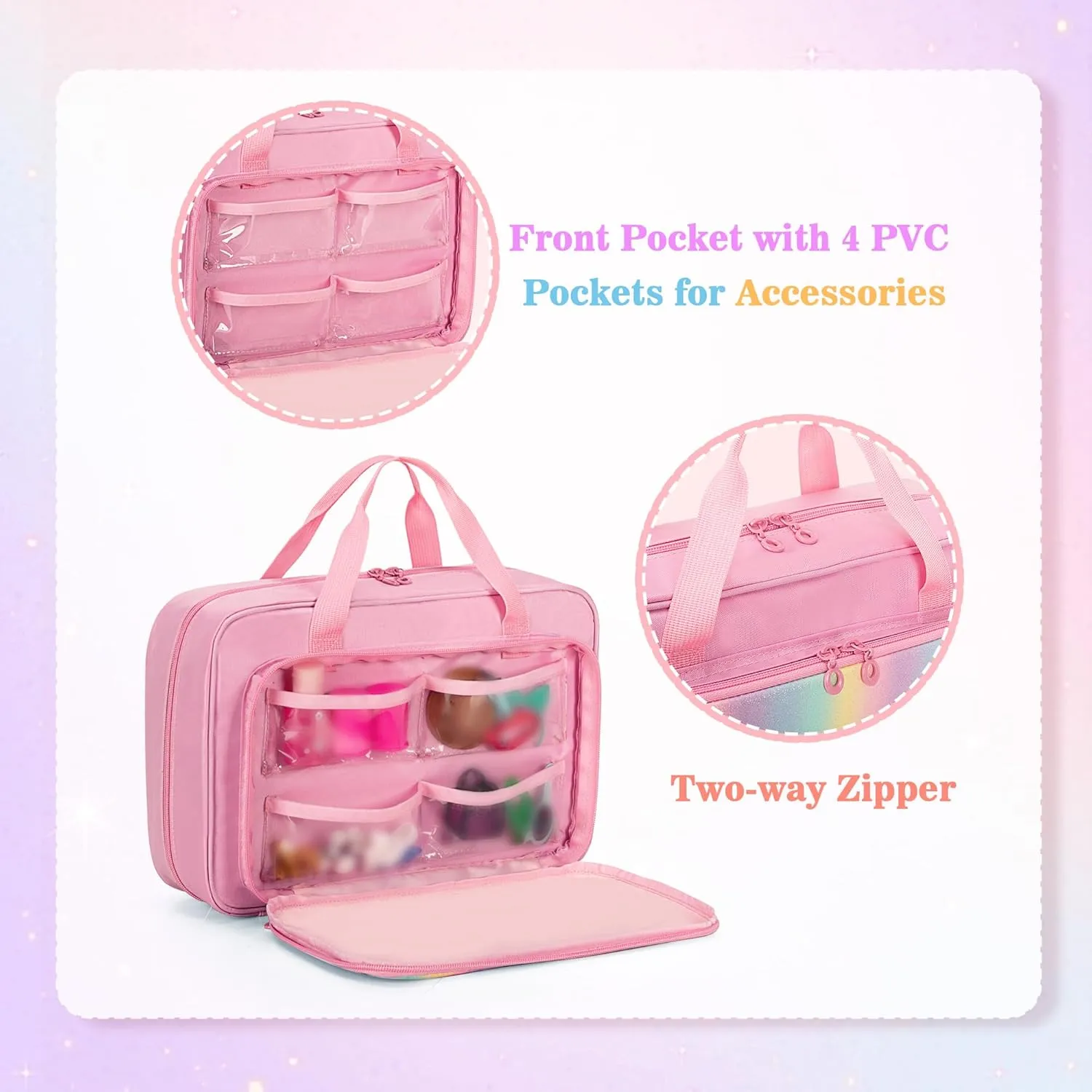 Carrying Case Compatible with Barbie Doll (12 Inch), Storage Case Compatible with Barbies with Handle Strap, Much Pocket for Doll’s Clothes, Accessories, Pink, Patented Design