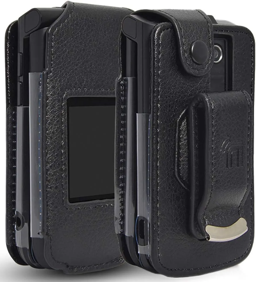 Case for Orbic Journey, Nakedcellphone [Black Vegan Leather] Form-Fit Cover with [Built-in Screen Protection] and [Metal Belt Clip] for Verizon Wireless Orbic Journey V/L Flip Phone ORB2200LBVZ