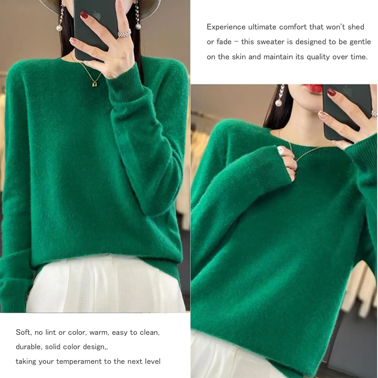 Cashmere Sweater for Women - Crew Neck Lightweight Soft Warm Pullover Knitted Jumper