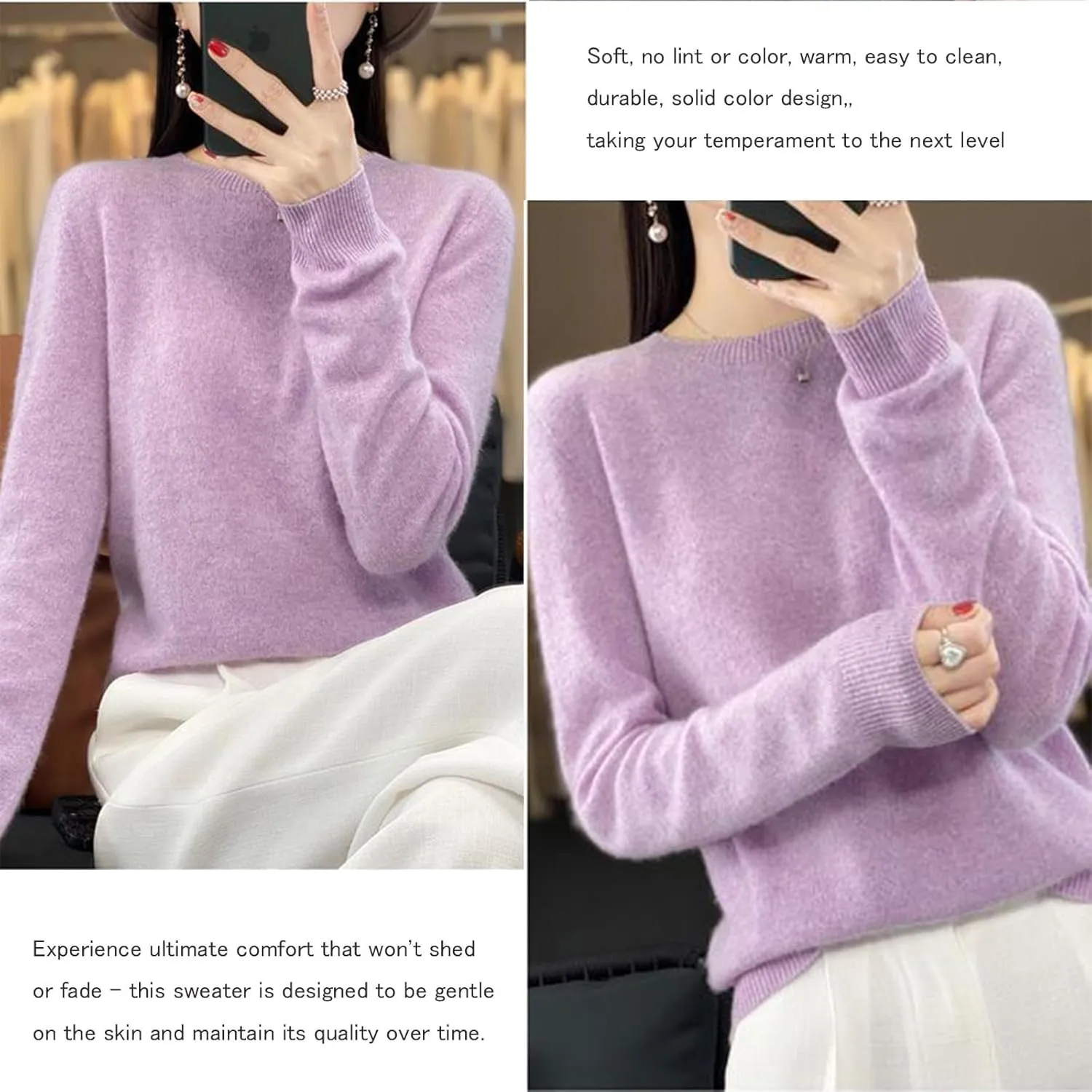 Cashmere Sweater for Women - Crew Neck Lightweight Soft Warm Pullover Knitted Jumper