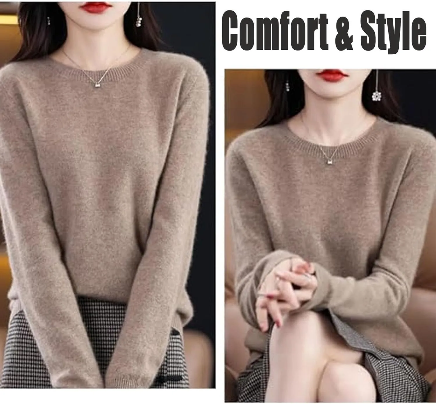 Cashmere Sweater for Women - Crew Neck Lightweight Soft Warm Pullover Knitted Jumper