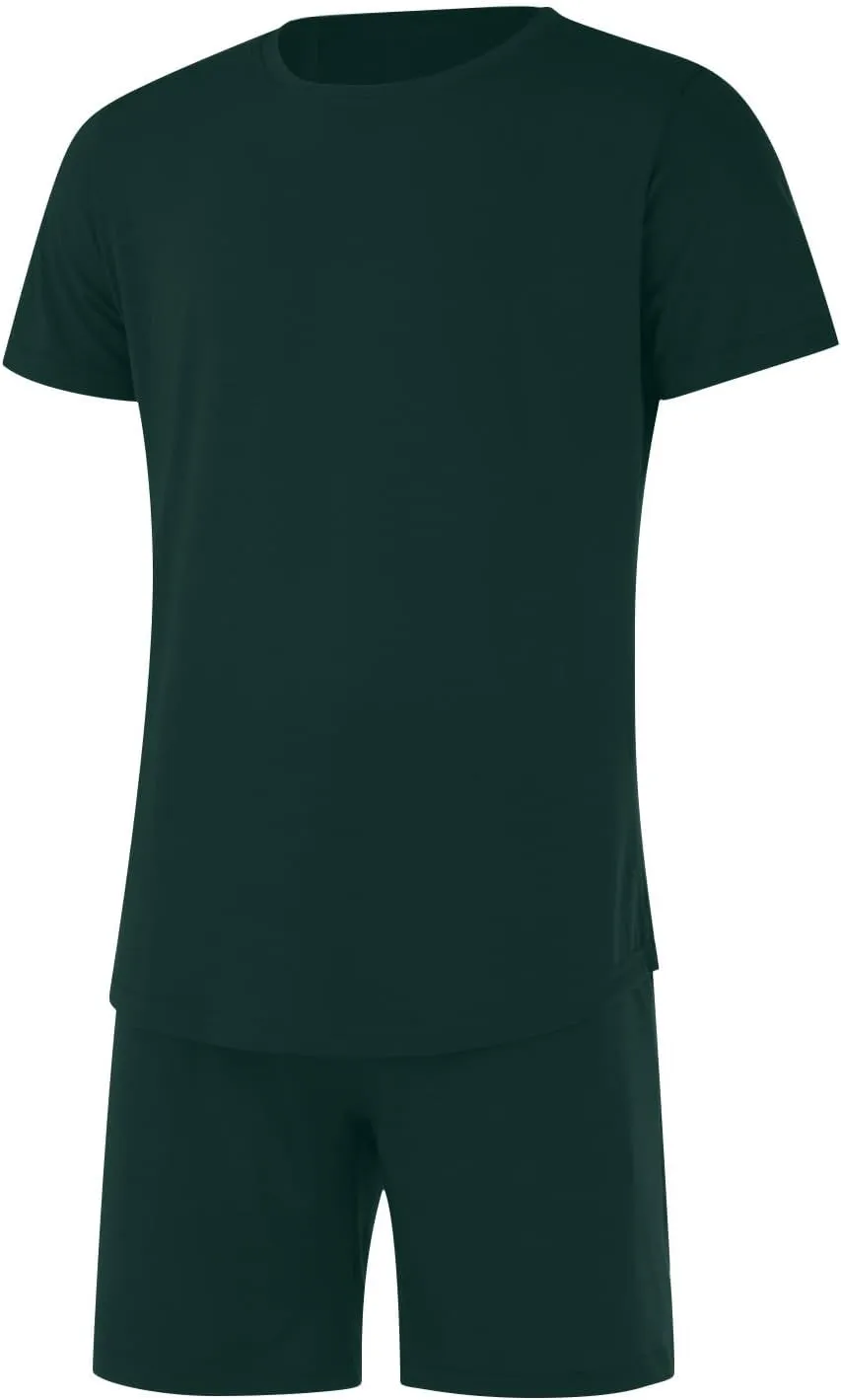 Casual 2 Piece Tracksuits for Men Slim Fit Crewneck Short Sleeve Shirt and Drawstring Shorts Sets Solid Curved Hem Outfits