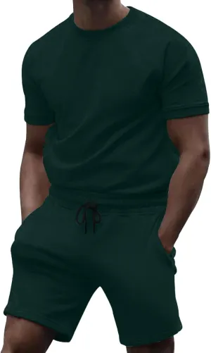 Casual 2 Piece Tracksuits for Men Slim Fit Crewneck Short Sleeve Shirt and Drawstring Shorts Sets Solid Curved Hem Outfits