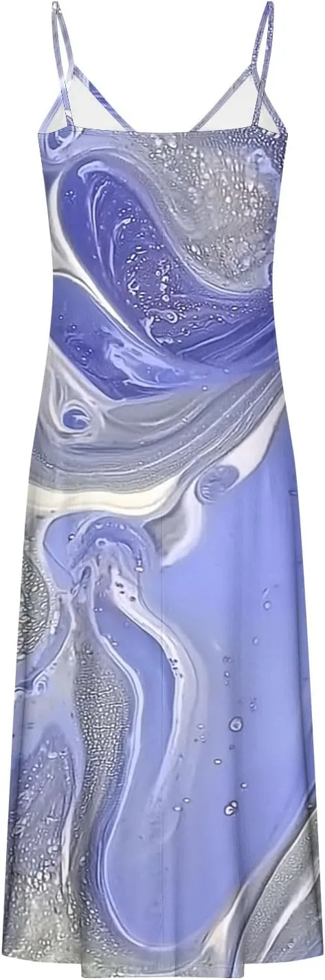 Casual Maxi Skirts for Women Summer Flower Prints A-line Long Dress Comfy Straps V Neck Dresses Daily Outdoor Wear