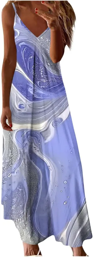 Casual Maxi Skirts for Women Summer Flower Prints A-line Long Dress Comfy Straps V Neck Dresses Daily Outdoor Wear