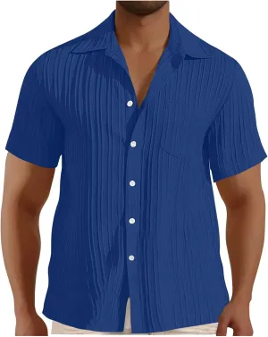 Casual Shirts for Men Summer Loose Fashion Button Down Shirts Vacation Solid Pleated Lapel Short Sleeve Top Clothes