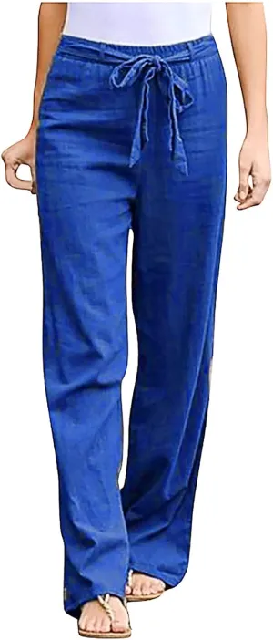 Ceboyel Womens Cotton Linen Summer Pants Drawstring High Waist Beach Pants Relax Fit Baggy Lounge Pants Causal Ladies Outfits