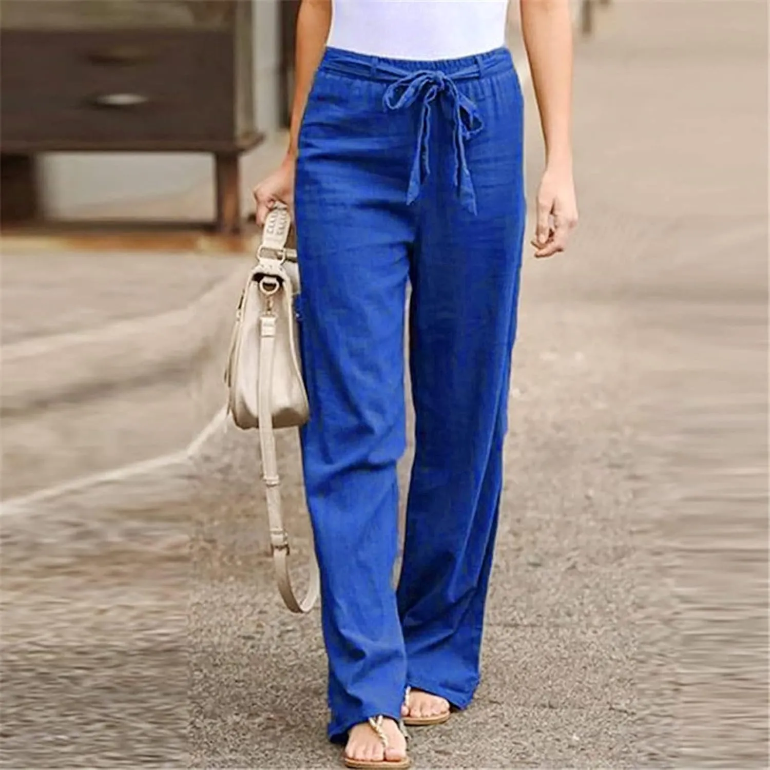 Ceboyel Womens Cotton Linen Summer Pants Drawstring High Waist Beach Pants Relax Fit Baggy Lounge Pants Causal Ladies Outfits