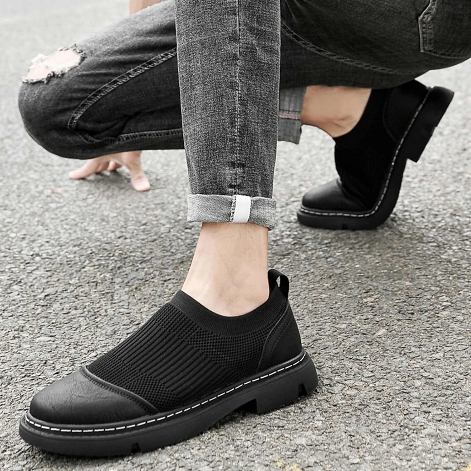 CERYTHRINA Men's Invisible Height Increasing Elevator Shoes 2 Inches Taller Mesh Leather Slip-on Casual Loafers