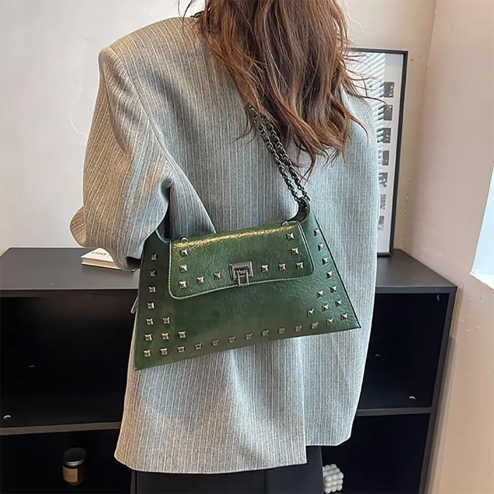Chain Shoulder Handbag for Women Designer PU Leather Messenger Bag Rivet Hobo Purse Retro Crossbody Bag for Daily Use