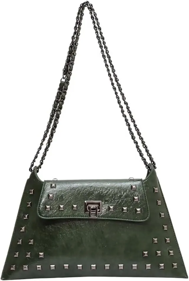 Chain Shoulder Handbag for Women Designer PU Leather Messenger Bag Rivet Hobo Purse Retro Crossbody Bag for Daily Use