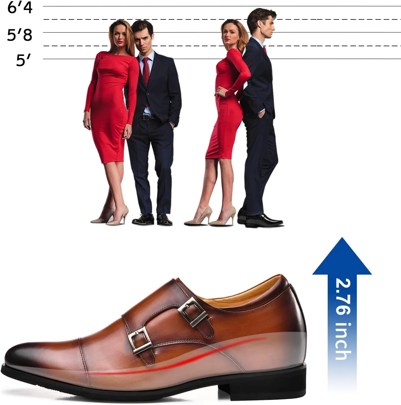 CHAMARIPA Men's Leather Elevator Shoes with Ergonomic Built-in Height Insoles | Breathable Anti-Shift Design, One-Last-One-Size Custom Fit | Enhanced Arch Support & Stealth Height Increase