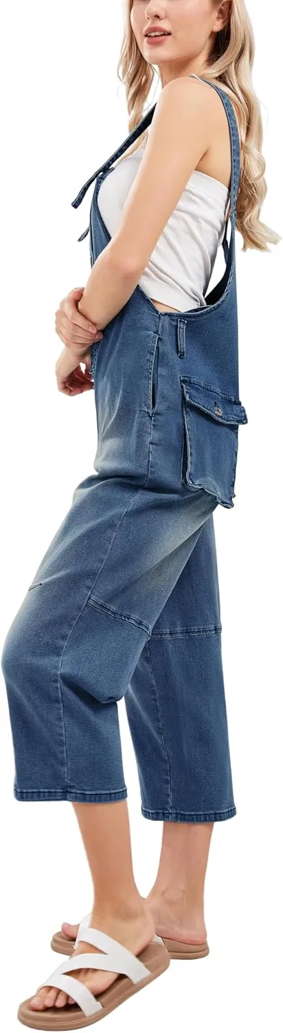 CHARTOU Women's Casual Loose Fit Jean Jumpsuit Overalls Crop Harem Denim Pants