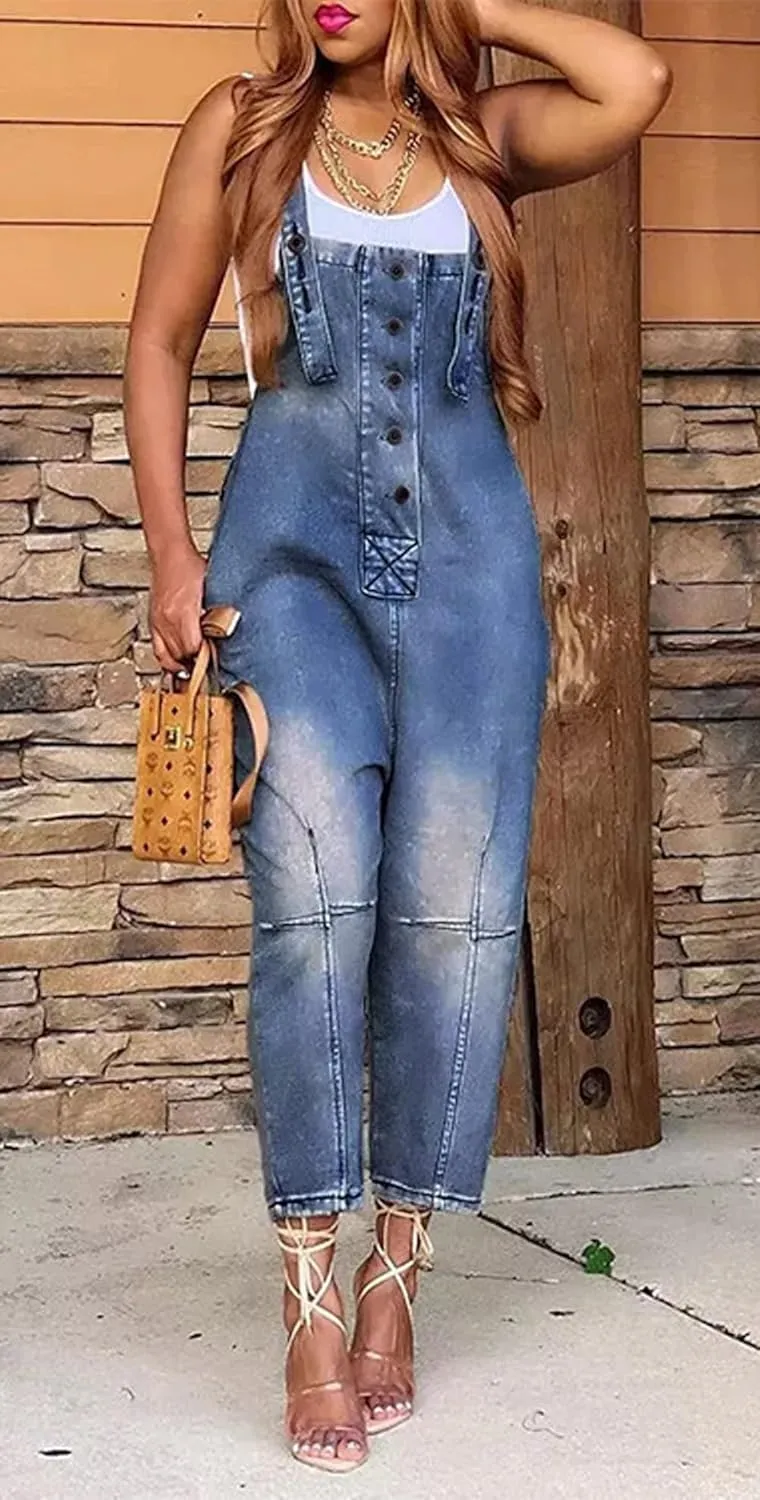CHARTOU Women's Casual Loose Fit Jean Jumpsuit Overalls Crop Harem Denim Pants