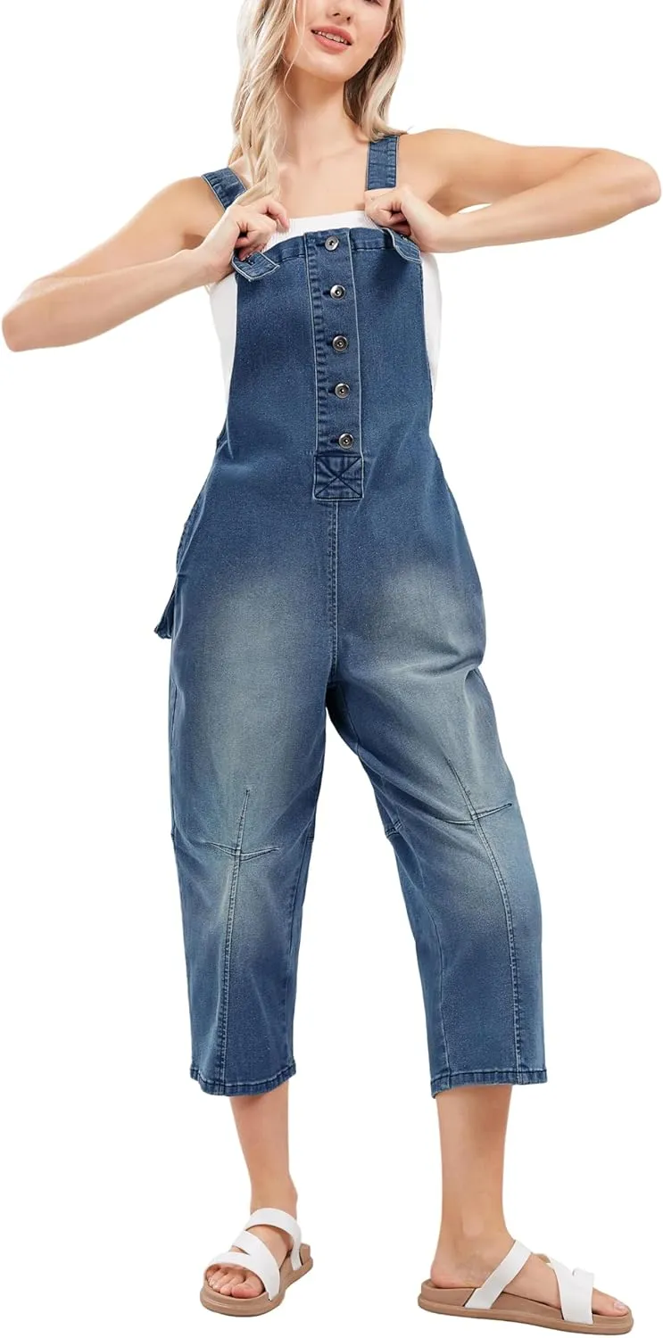 CHARTOU Women's Casual Loose Fit Jean Jumpsuit Overalls Crop Harem Denim Pants