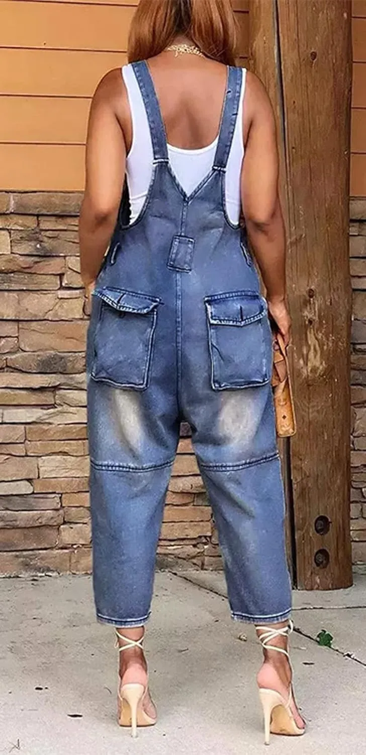 CHARTOU Women's Casual Loose Fit Jean Jumpsuit Overalls Crop Harem Denim Pants