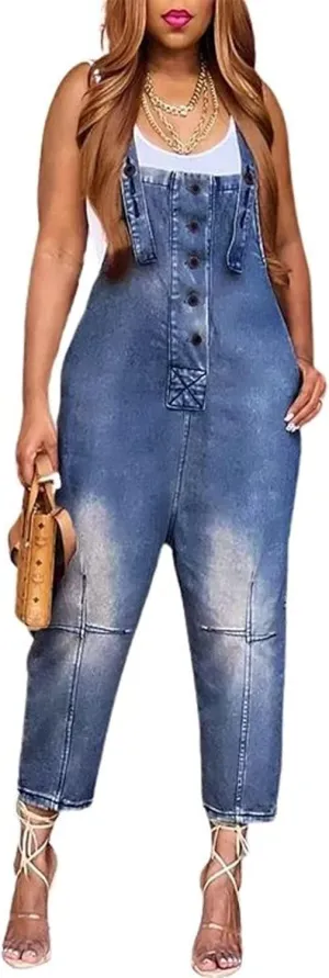 CHARTOU Women's Casual Loose Fit Jean Jumpsuit Overalls Crop Harem Denim Pants
