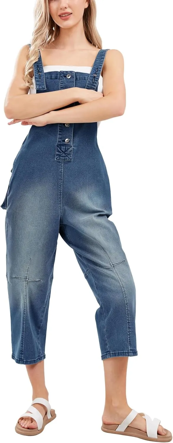 CHARTOU Women's Casual Loose Fit Jean Jumpsuit Overalls Crop Harem Denim Pants