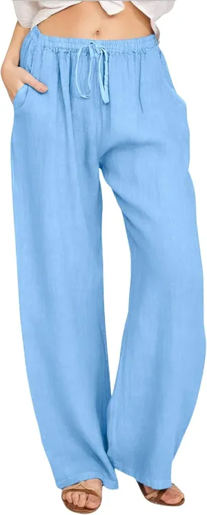 CHARTOU Women's Summer Drawstring Waist Wide Leg Loose Cotton Linen Palazzo Pants