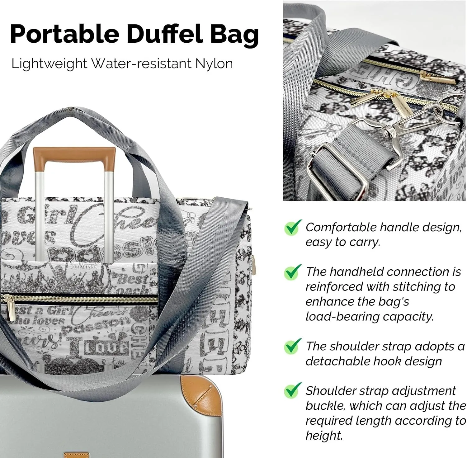 Cheerleader Grey Bling Print Customized Duffel Bags Weekender Overnight Bag Travel Bag Personalized Gift Daypack