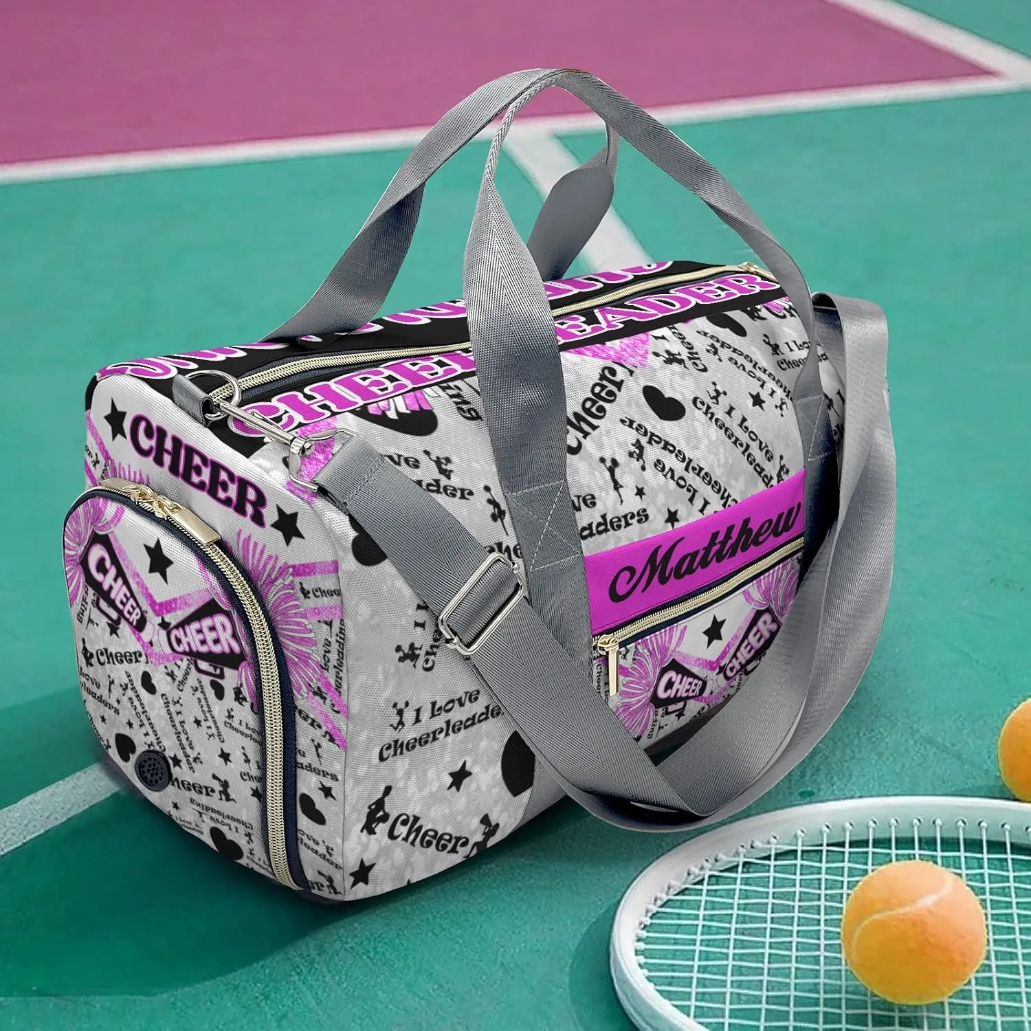 Cheers Cheerleading Glitter Print Waterproof Duffel Bag Adjustable Shoulder Strap Perform Training Travel Bag for Boys Girls Teens Women Men