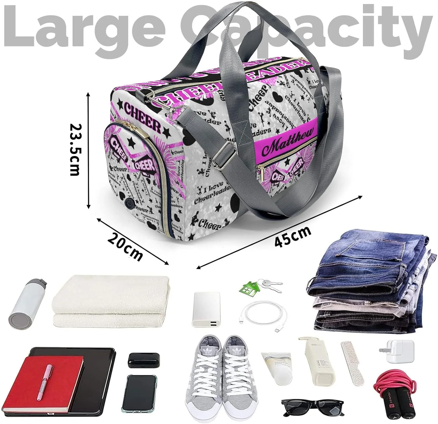 Cheers Cheerleading Glitter Print Waterproof Duffel Bag Adjustable Shoulder Strap Perform Training Travel Bag for Boys Girls Teens Women Men