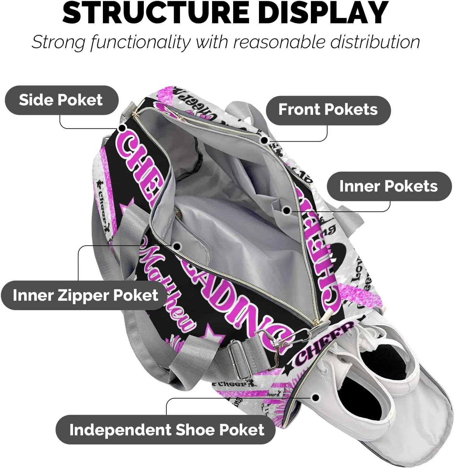 Cheers Cheerleading Glitter Print Waterproof Duffel Bag Adjustable Shoulder Strap Perform Training Travel Bag for Boys Girls Teens Women Men