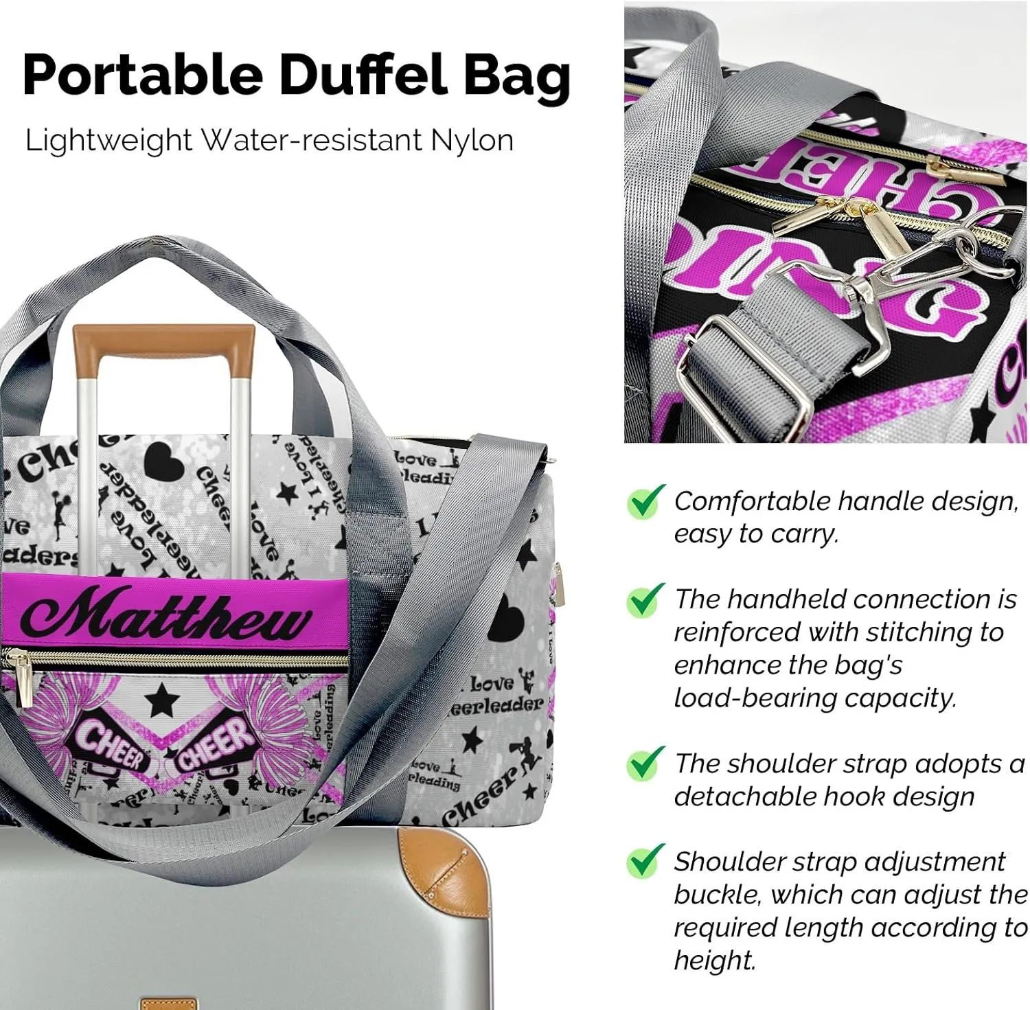 Cheers Cheerleading Glitter Print Waterproof Duffel Bag Adjustable Shoulder Strap Perform Training Travel Bag for Boys Girls Teens Women Men