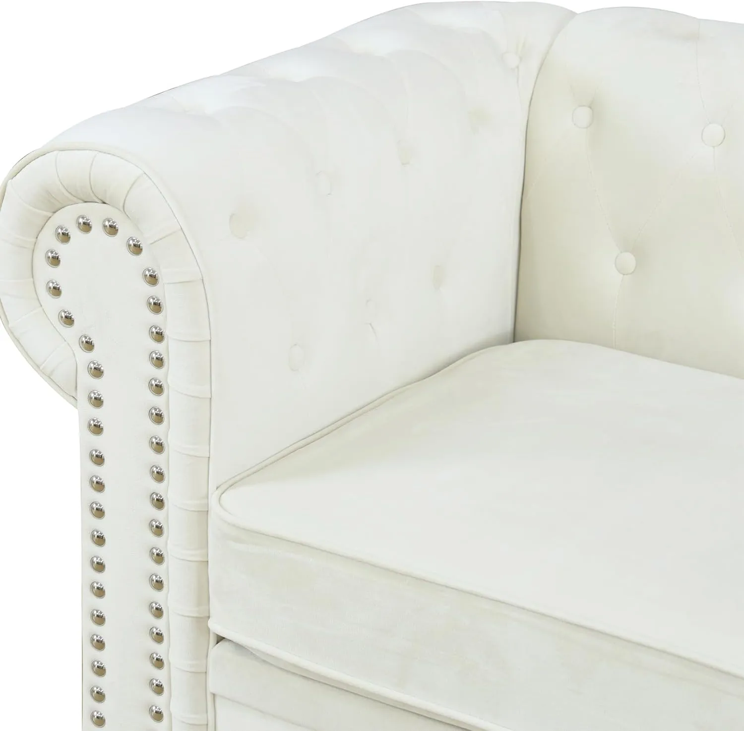 Chesterfield Sectional Sofa,Deep 80 Inch Luxurious L Shaped Couch Button Tufted Velvet Sofa/Upholstered Rolled Arm with Rivets/Chesterfield Settee Modern 5 Seater Sofa for Living Room，White