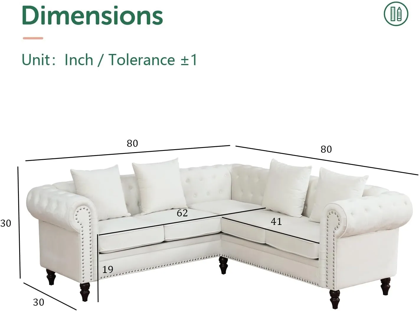 Chesterfield Sectional Sofa,Deep 80 Inch Luxurious L Shaped Couch Button Tufted Velvet Sofa/Upholstered Rolled Arm with Rivets/Chesterfield Settee Modern 5 Seater Sofa for Living Room，White