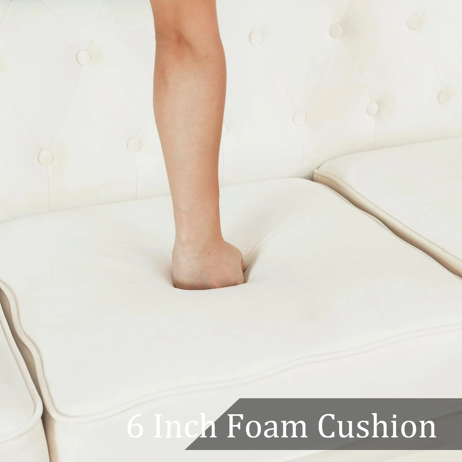 Chesterfield Sectional Sofa,Deep 80 Inch Luxurious L Shaped Couch Button Tufted Velvet Sofa/Upholstered Rolled Arm with Rivets/Chesterfield Settee Modern 5 Seater Sofa for Living Room，White