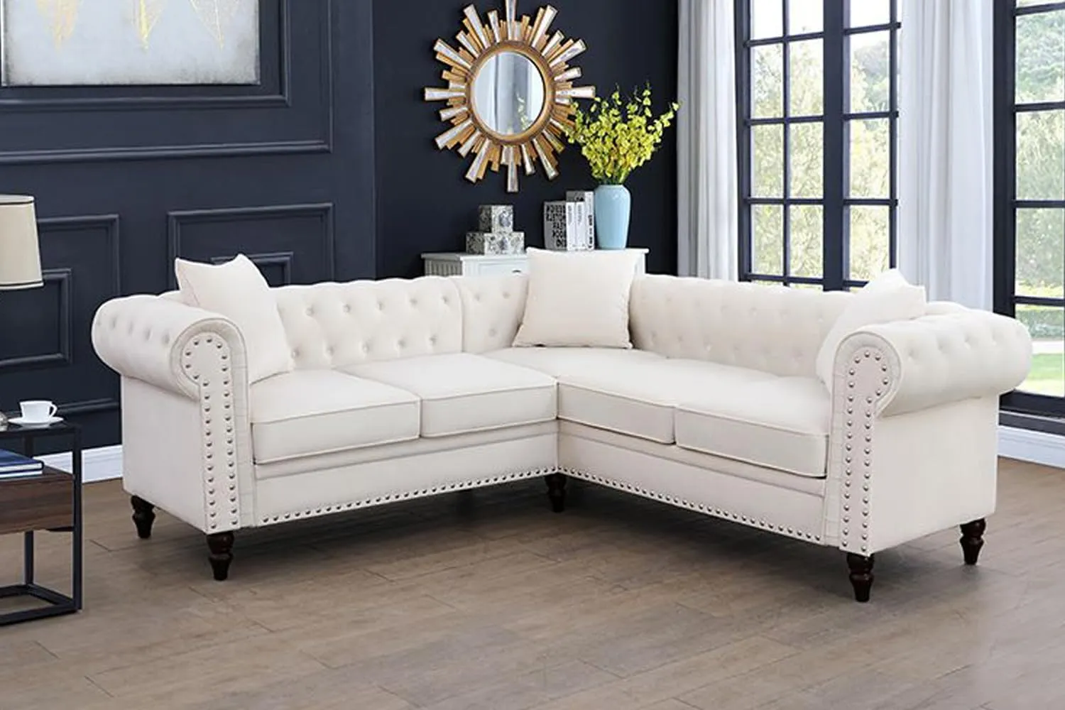 Chesterfield Sectional Sofa,Deep 80 Inch Luxurious L Shaped Couch Button Tufted Velvet Sofa/Upholstered Rolled Arm with Rivets/Chesterfield Settee Modern 5 Seater Sofa for Living Room，White