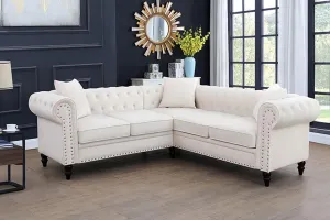 Chesterfield Sectional Sofa,Deep 80 Inch Luxurious L Shaped Couch Button Tufted Velvet Sofa/Upholstered Rolled Arm with Rivets/Chesterfield Settee Modern 5 Seater Sofa for Living Room，White
