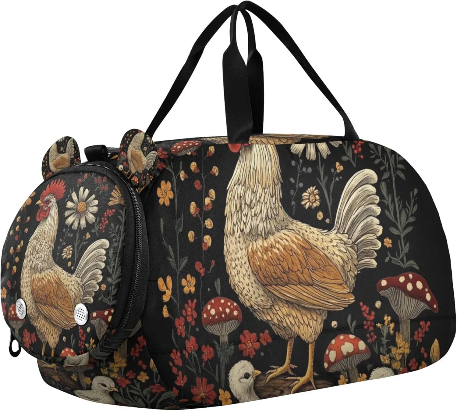 Chicken Chicks Flowers and Mushrooms Sports Duffle Bag for Kids Girls Boys, Gym Bag with Shoe Compartments, Kids Travel Overnight Weekender Shoulder Bag