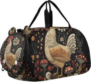 Chicken Chicks Flowers and Mushrooms Sports Duffle Bag for Kids Girls Boys, Gym Bag with Shoe Compartments, Kids Travel Overnight Weekender Shoulder Bag