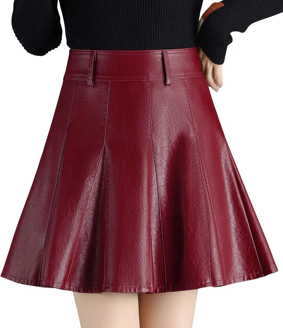 chouyatou Women's Casual Side Zipper Flare Pleated Faux Leather Skater Skirts