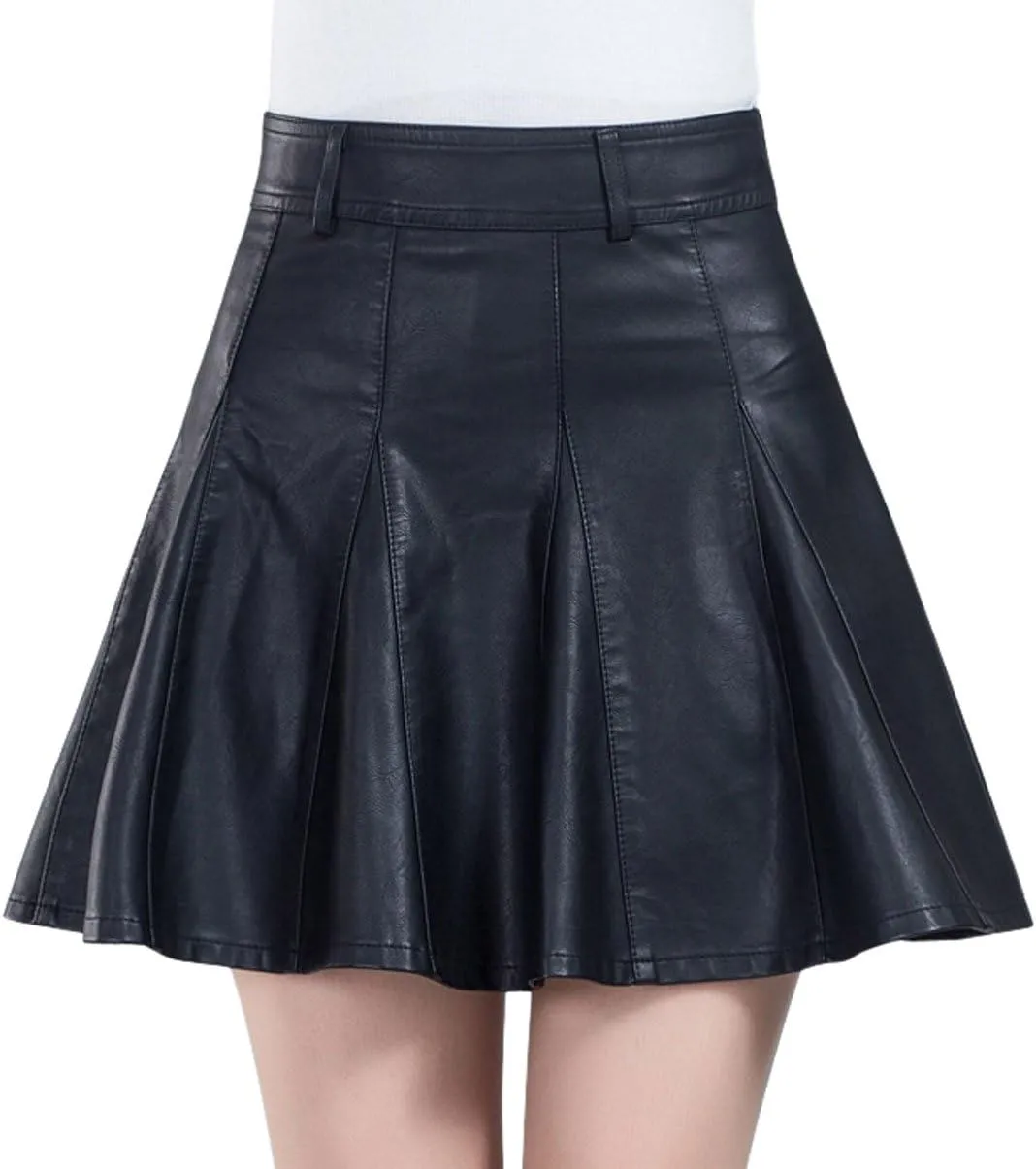 chouyatou Women's Casual Side Zipper Flare Pleated Faux Leather Skater Skirts