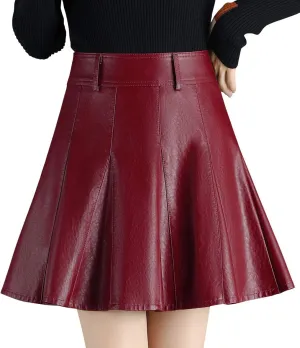chouyatou Women's Casual Side Zipper Flare Pleated Faux Leather Skater Skirts