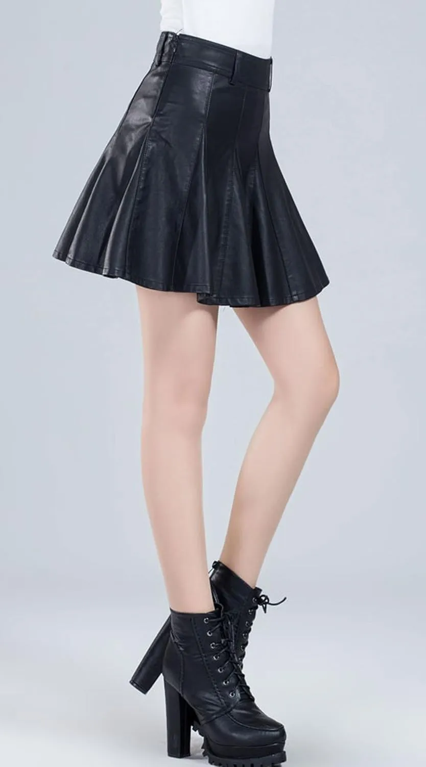chouyatou Women's Casual Side Zipper Flare Pleated Faux Leather Skater Skirts