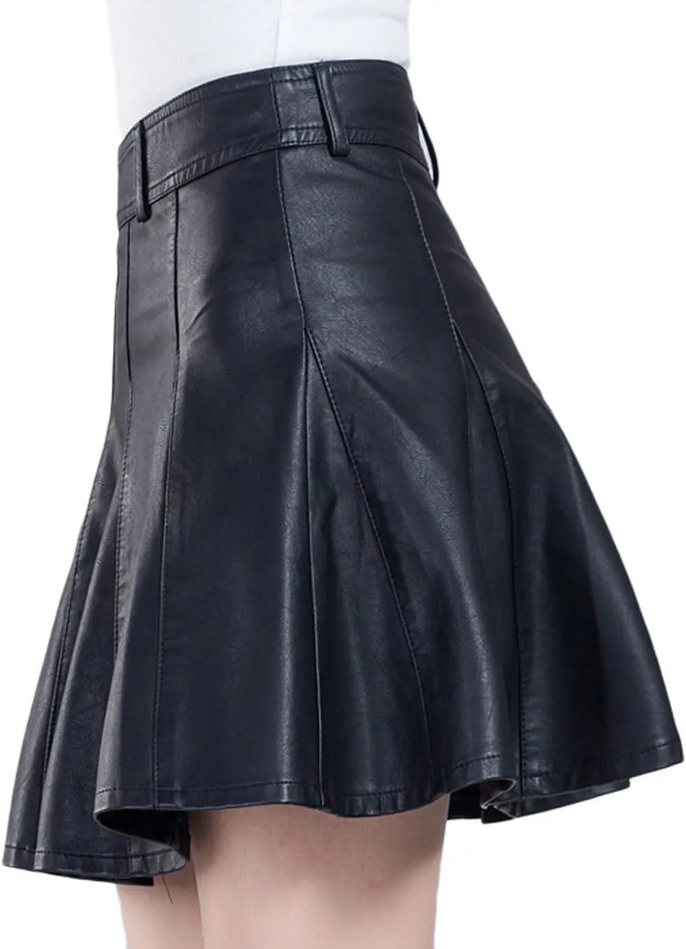 chouyatou Women's Casual Side Zipper Flare Pleated Faux Leather Skater Skirts