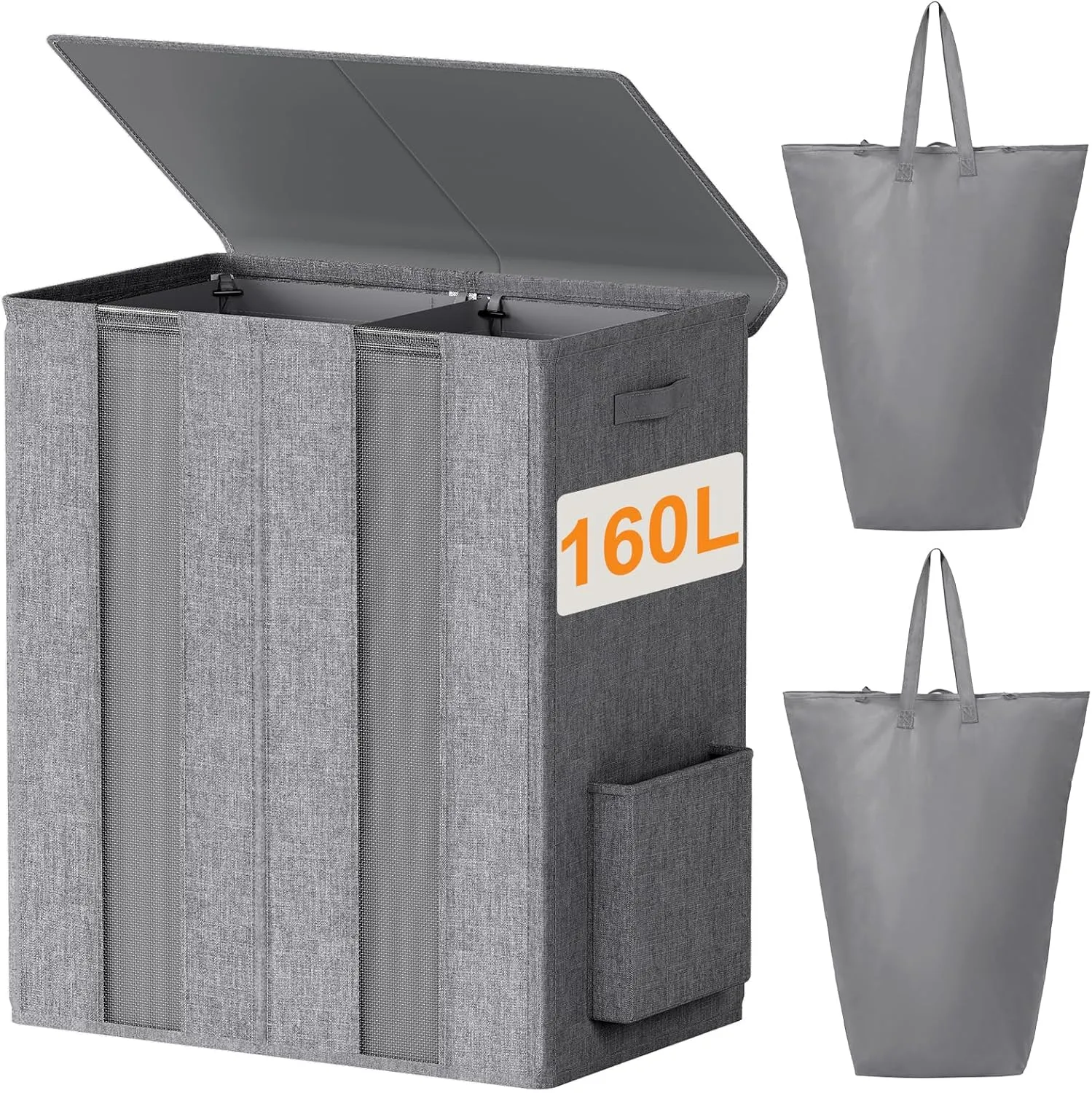 Chrislley 160L Double Laundry Hamper with Lid, Large Laundry Basket with 2 Removable Bags, Breathable Dirty Clothes Hamper 2 Section, Foldable Laundry Bin for Dorm, Bedroom, Bathroom, Grey