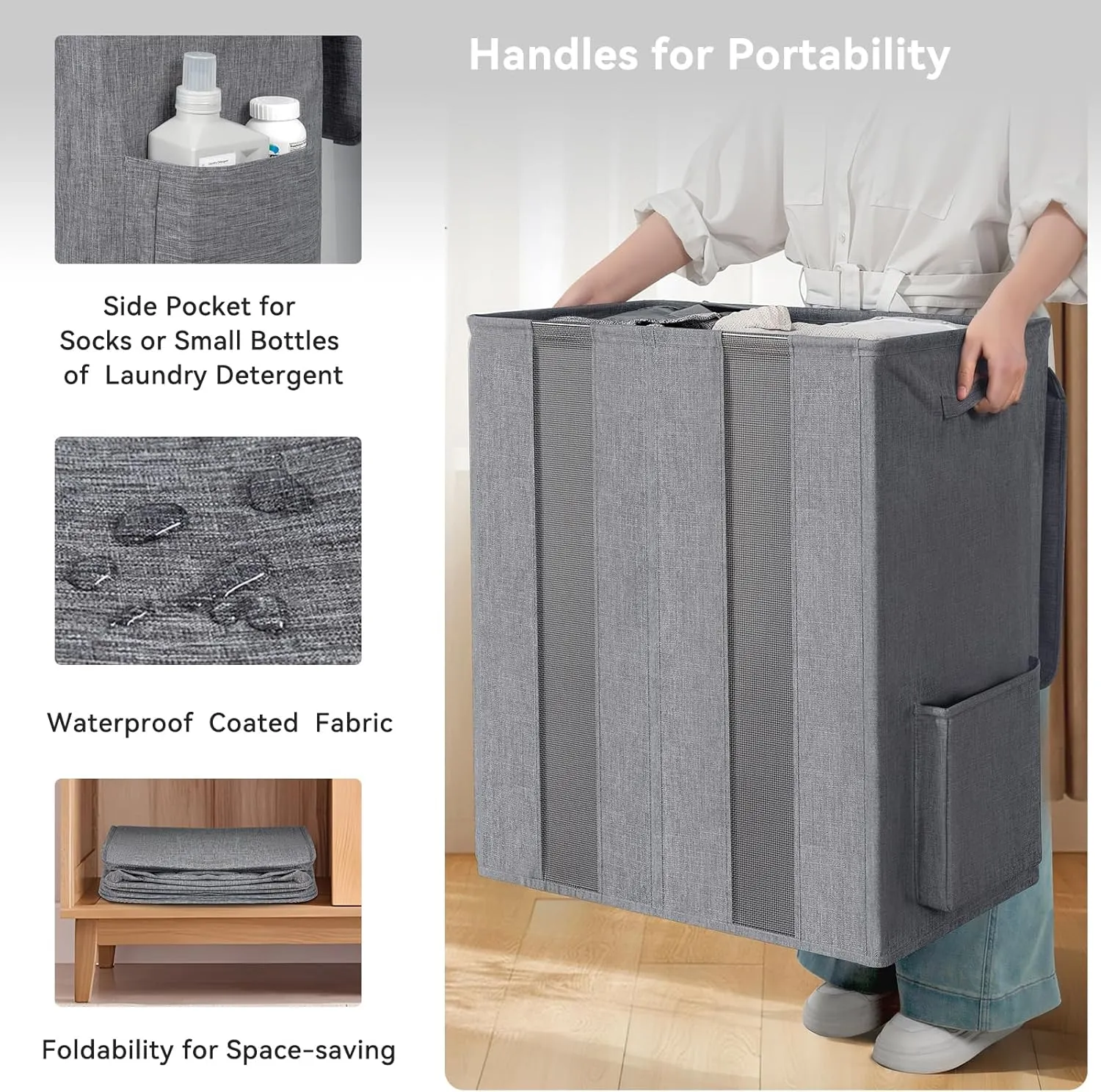 Chrislley 160L Double Laundry Hamper with Lid, Large Laundry Basket with 2 Removable Bags, Breathable Dirty Clothes Hamper 2 Section, Foldable Laundry Bin for Dorm, Bedroom, Bathroom, Grey