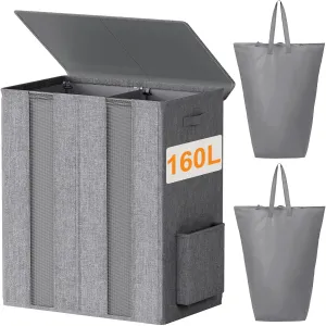 Chrislley 160L Double Laundry Hamper with Lid, Large Laundry Basket with 2 Removable Bags, Breathable Dirty Clothes Hamper 2 Section, Foldable Laundry Bin for Dorm, Bedroom, Bathroom, Grey