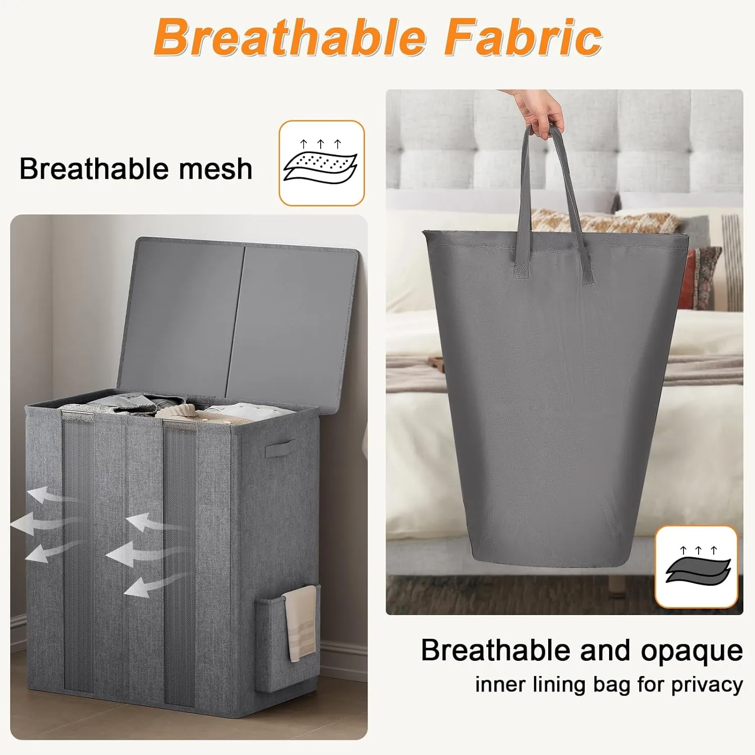 Chrislley 160L Double Laundry Hamper with Lid, Large Laundry Basket with 2 Removable Bags, Breathable Dirty Clothes Hamper 2 Section, Foldable Laundry Bin for Dorm, Bedroom, Bathroom, Grey