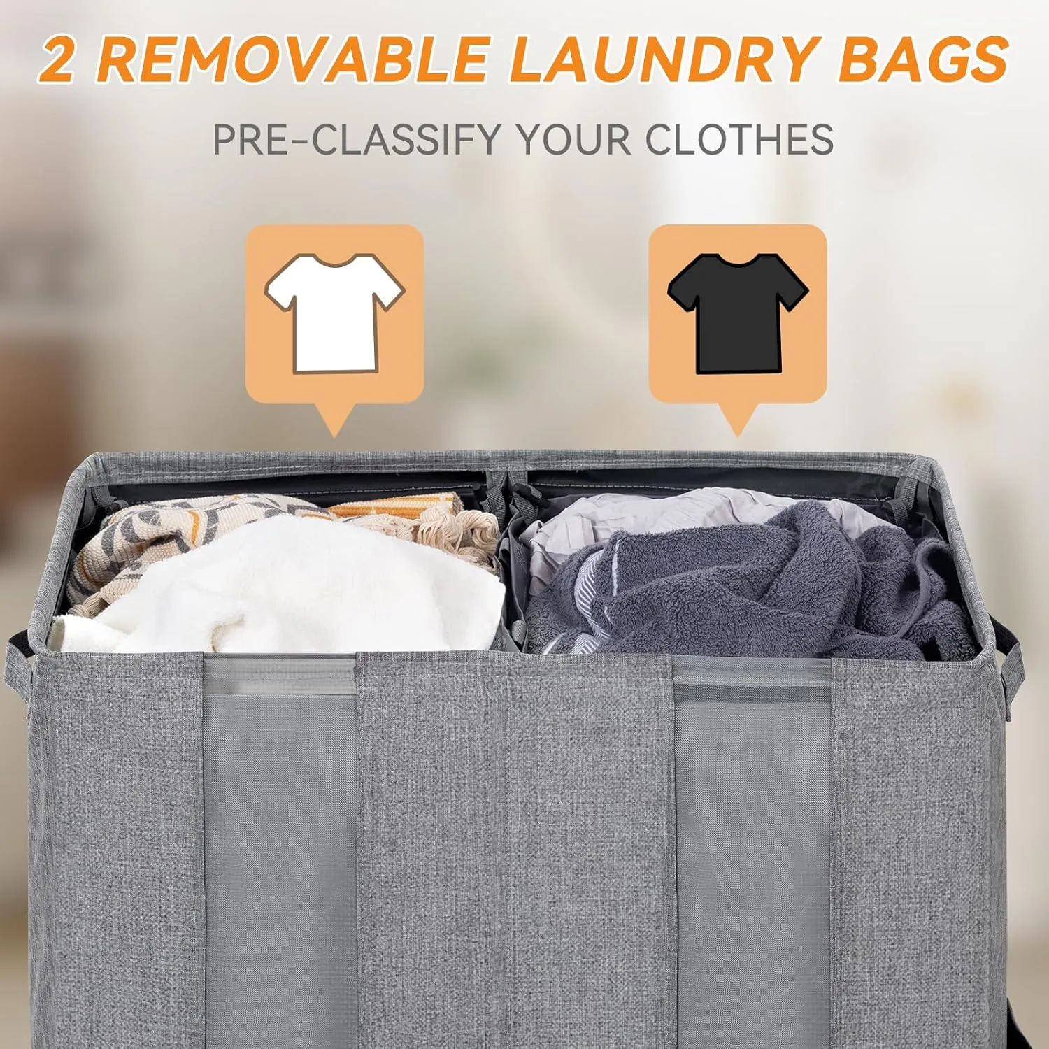 Chrislley 160L Double Laundry Hamper with Lid, Large Laundry Basket with 2 Removable Bags, Breathable Dirty Clothes Hamper 2 Section, Foldable Laundry Bin for Dorm, Bedroom, Bathroom, Grey